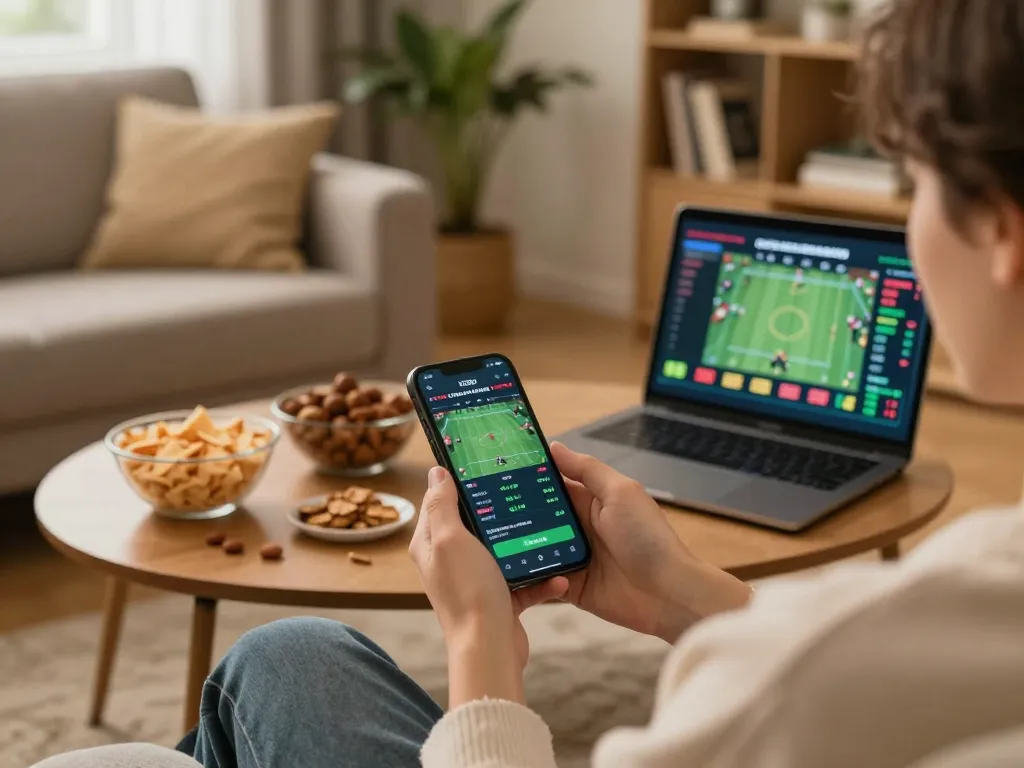 KQBD live betting action on smartphone in a cozy home setup with snacks and laptop.