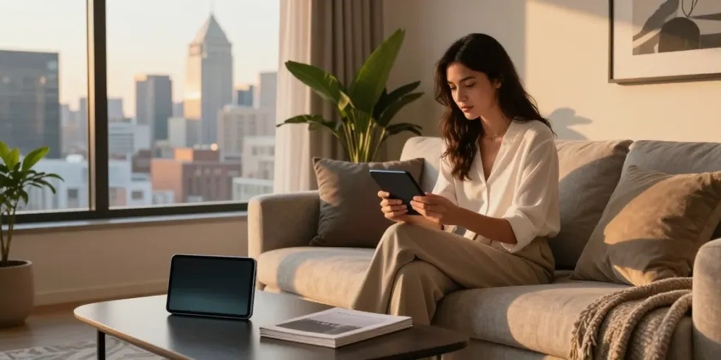 Young woman enjoying a chic lifestyle while searching for נערות ליווי in a stylish urban apartment.