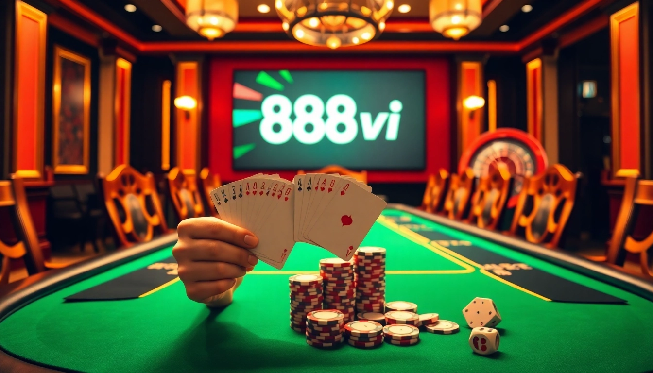 Players enjoying their time at 888vi's luxurious casino table with vibrant poker chips.