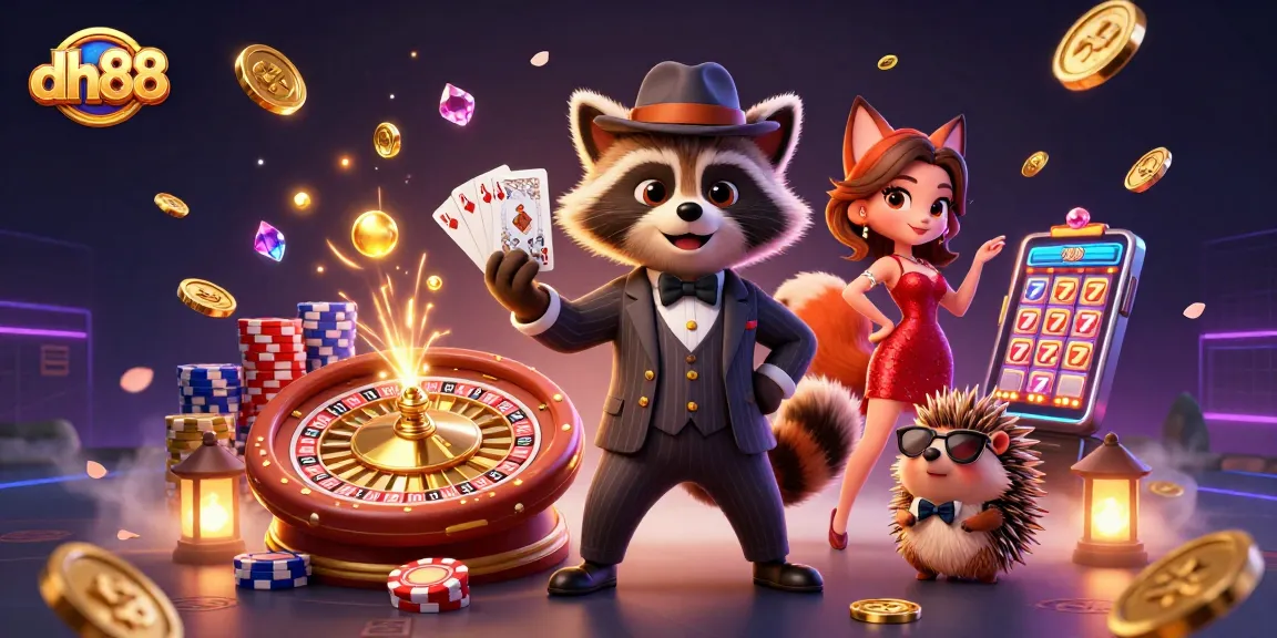 Join dh88 for an exciting gaming experience with a suave raccoon, a charming fox, and a hedgehog at a rich casino scene.