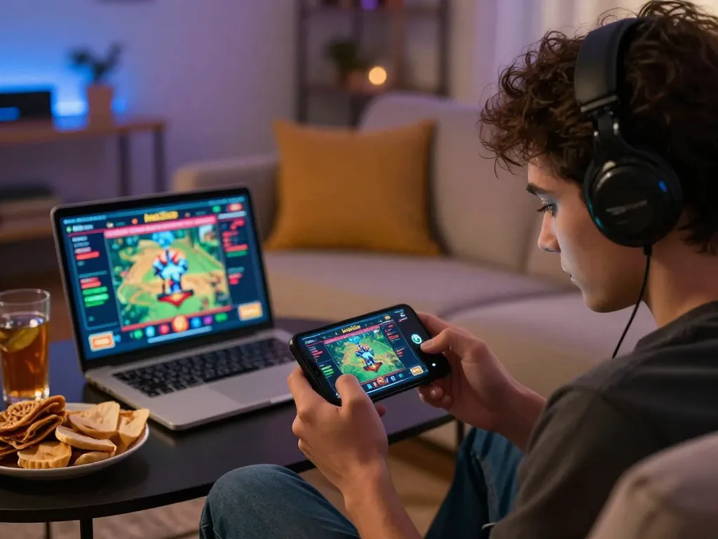 Hitclub user engaged in online casino game on smartphone in comfortable living room setting.