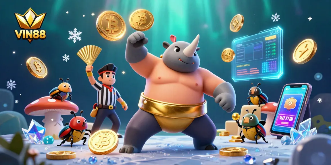 Watch VIN88's sumo champion beetle stomp to launch coins in this vibrant crypto-themed casino scene.