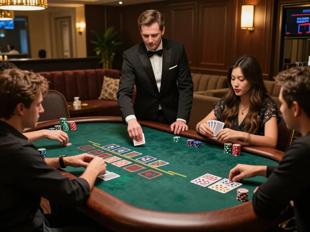 S666 players strategizing at a luxury blackjack table during an exciting game night.