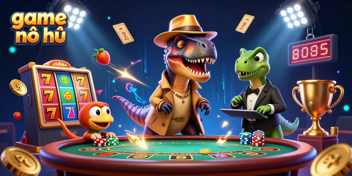 Experience the excitement of game nổ hũ with cartoon characters at a vibrant slot machine scene, filled with dynamic energy.
