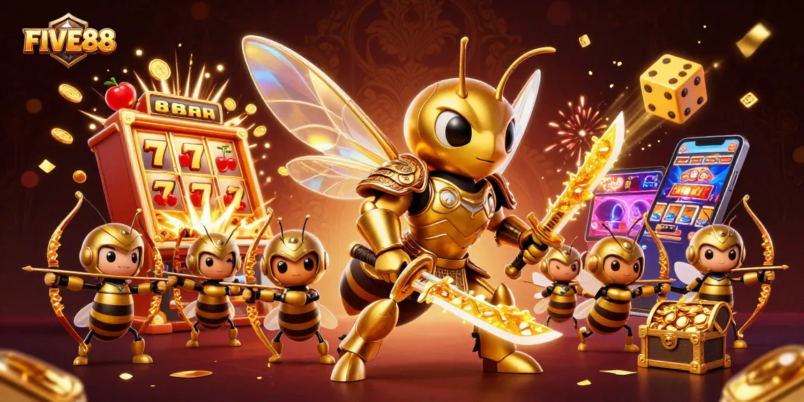 Experience the thrill of FIVE88 with vibrant casino elements and engaging gaming characters.