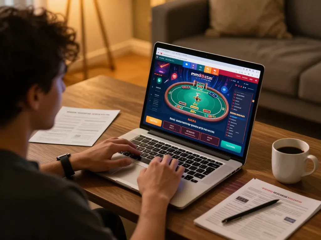 Engaging online casino gameplay on mm88star with vibrant screen, cozy home atmosphere.