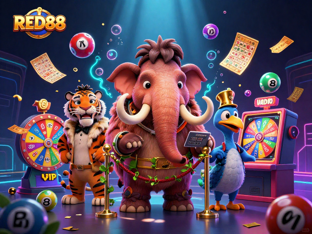 Experience the thrilling entrance of RED88 with a woolly mammoth bouncer, vibrant lottery elements, and a saber-tooth tiger guest.