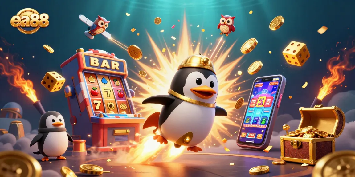 Experience the thrill of ea88 with a golden penguin and jackpot explosion in this vibrant 3D casino scene.