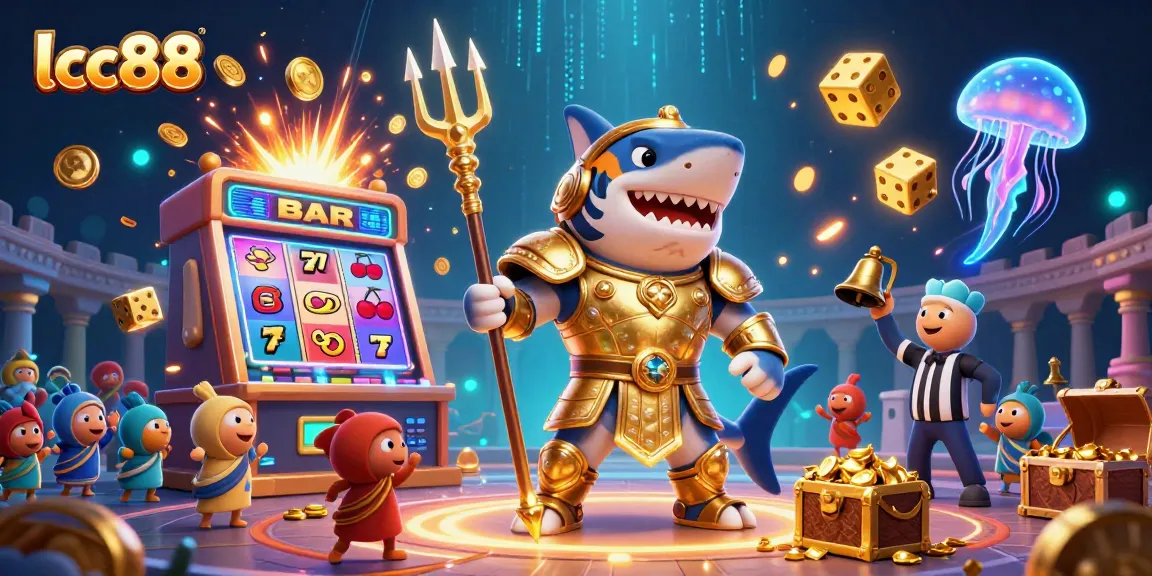 Engage with lclc88's underwater casino scene featuring a tiger shark wielding a trident amidst vibrant gaming elements.