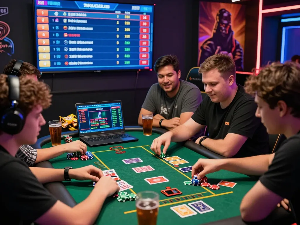 Group of friends excitedly playing casino games at 79King.com, showcasing a vibrant gaming atmosphere.