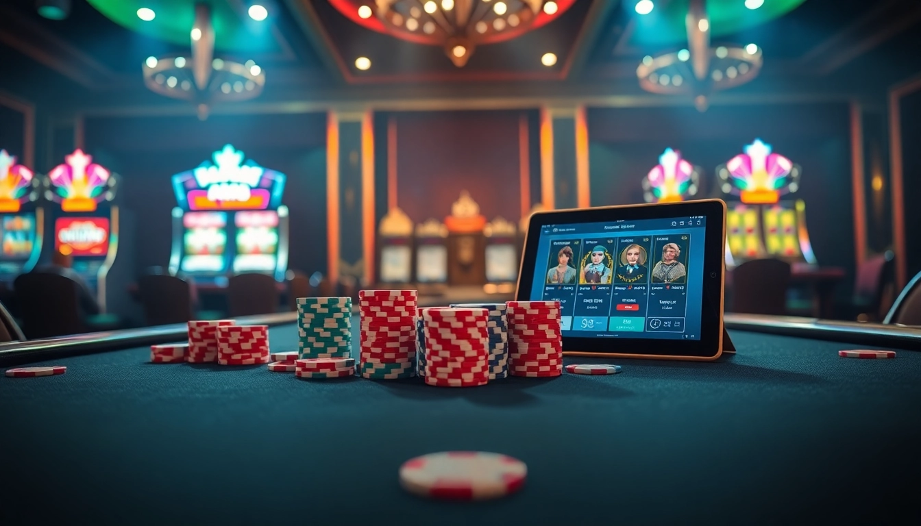 Experience Game đánh bài đổi thưởng at a luxurious casino table with cards, chips, and digital interfaces.