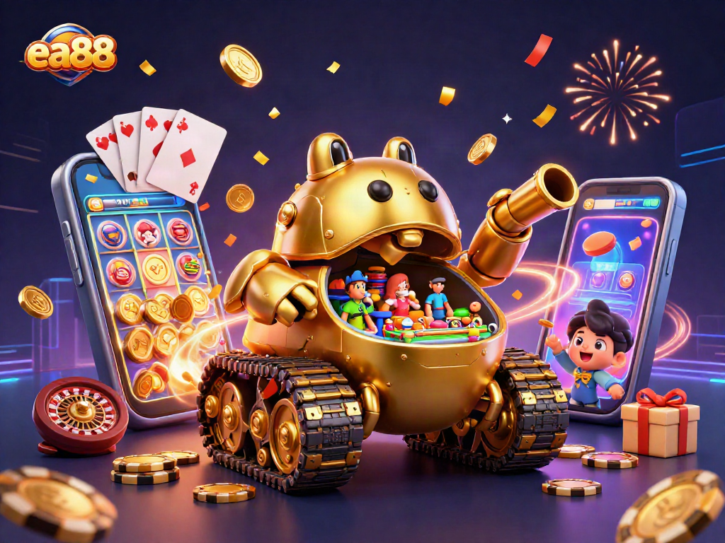 Experience the excitement of ea88 with a massive golden beetle tank revealing a vibrant casino inside.