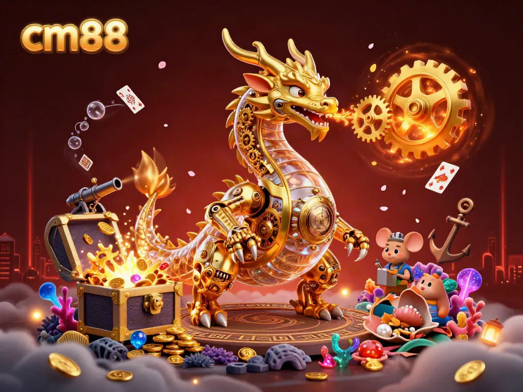 Experience the thrill of cm88 with a vibrant 3D casino scene featuring a golden dragon and themed treasures.