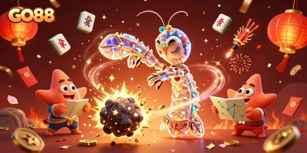Experience thrilling wins at GO88 with a vibrant 3D gambling scene filled with festive elements.