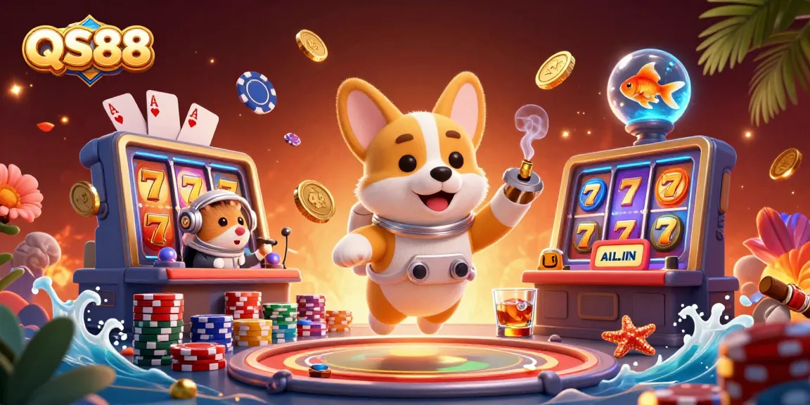 Experience exciting slots at QS88 with a playful corgi, hamster, and goldfish in a vibrant casino scene.