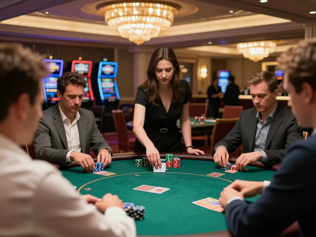 VK88 players strategizing in a high-stakes poker game at a luxury casino.