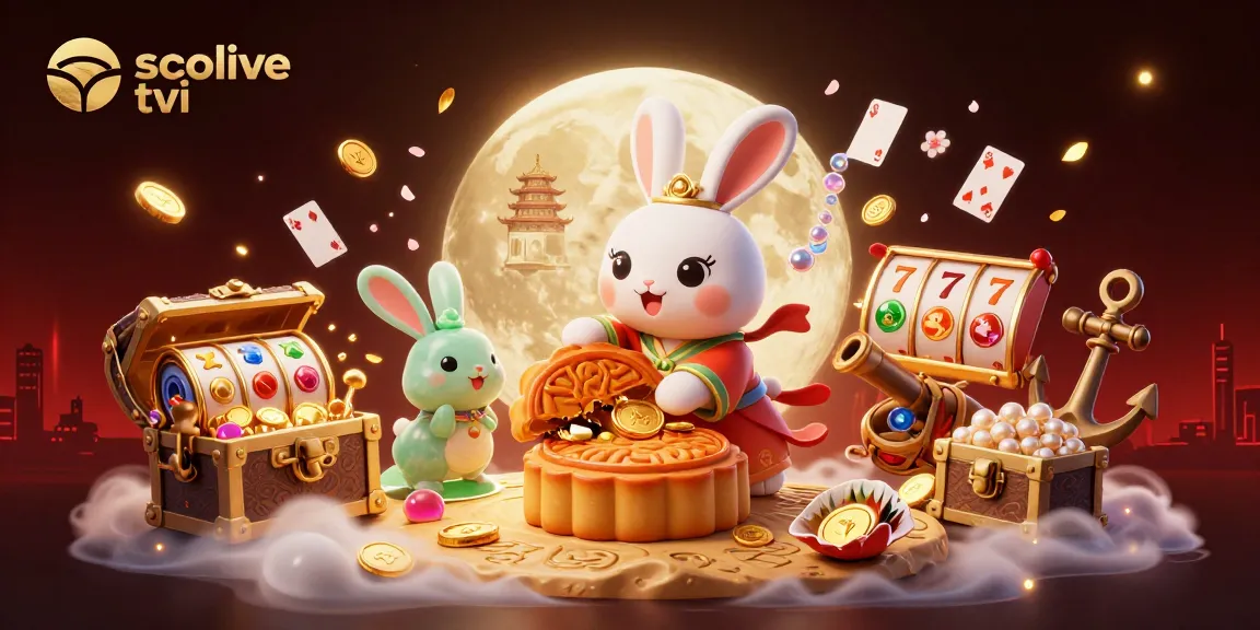 Experience thrilling action with socolive tivi as the moon rabbit reveals poker chips inside golden mooncakes, surrounded by vibrant casino elements.