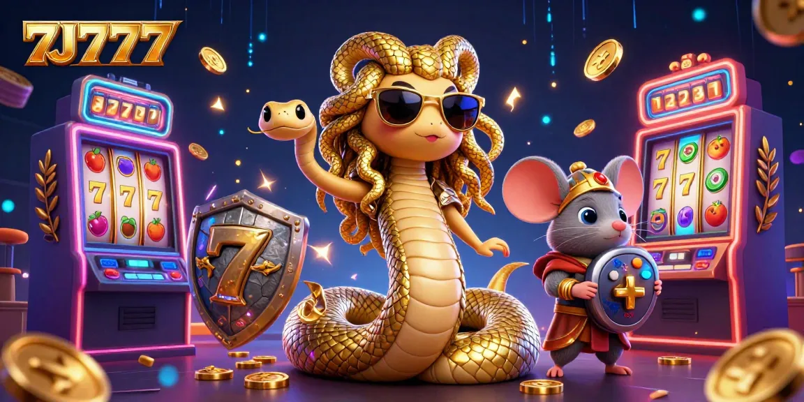 Engage with the colorful world of 7J777 slots featuring a friendly Medusa and a warrior mouse.