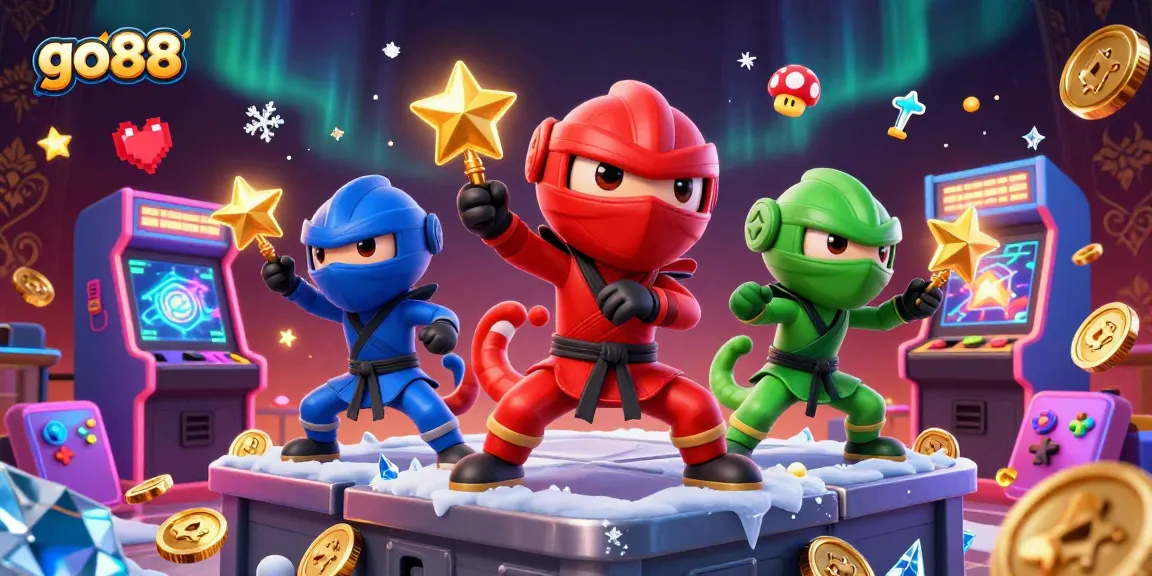 Win exciting rewards at go88 with a vibrant 3D illustration of ninja chameleons in action.