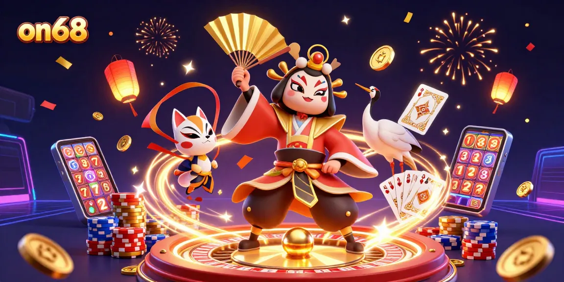 Experience thrilling gameplay with on68's vibrant casino action featuring kabuki warriors and golden treasures.