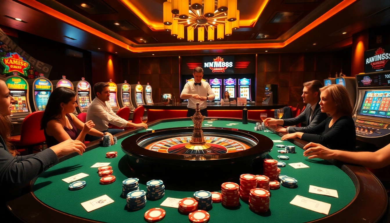 MM88 players enjoying an upscale casino experience at the roulette table with vibrant chips.