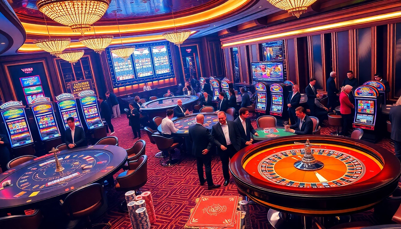 Players enjoying an exciting game of poker and roulette at vin88 casino, showcasing vibrant gambling atmosphere.