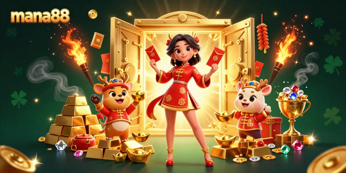 Experience the excitement of winning big at mana88 with this dynamic scene featuring a lucky woman celebrating with gold and festive symbols.