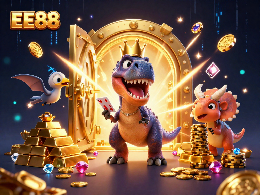 EE88 T-Rex card shuffling scene with golden treasures and vibrant casino elements.
