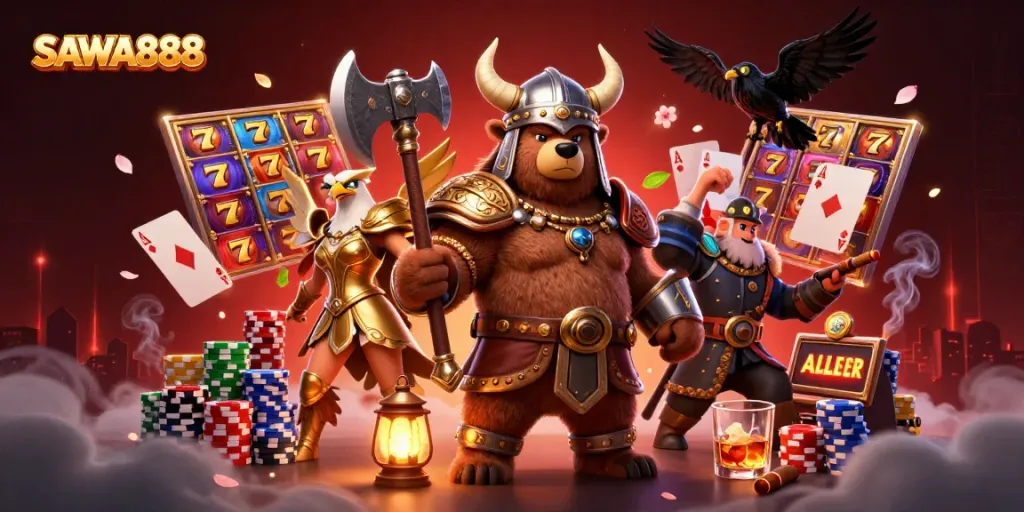 SAWA888 showcases an exciting 3D cartoon Viking bear and Valkyrie eagle in a vibrant casino scene.