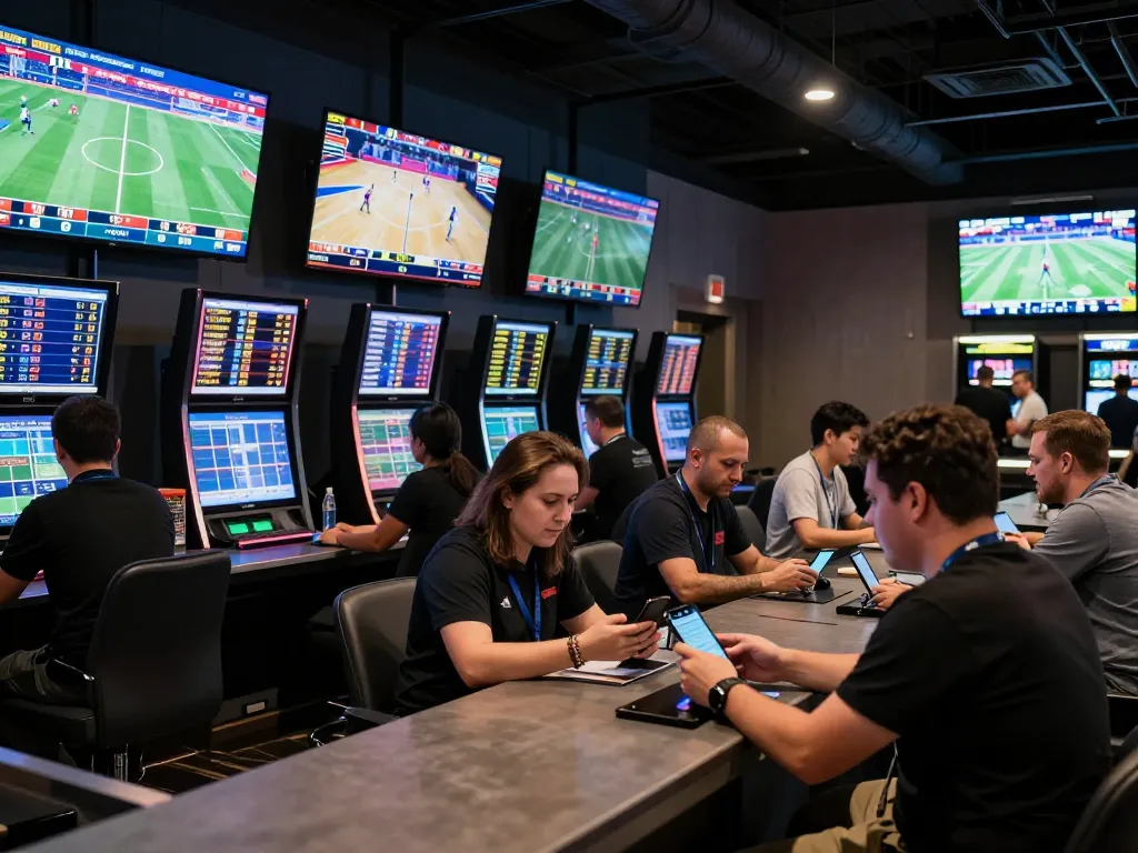 Watch players placing bets at FIVE88 sportsbook with live odds displayed on screens