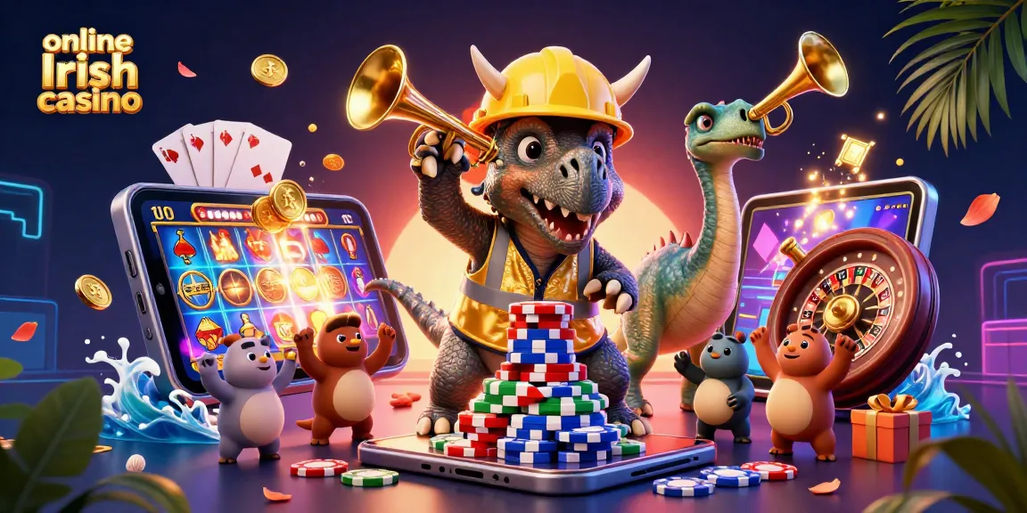 Join the excitement at an online Irish casino with fun characters building a poker chip pyramid!