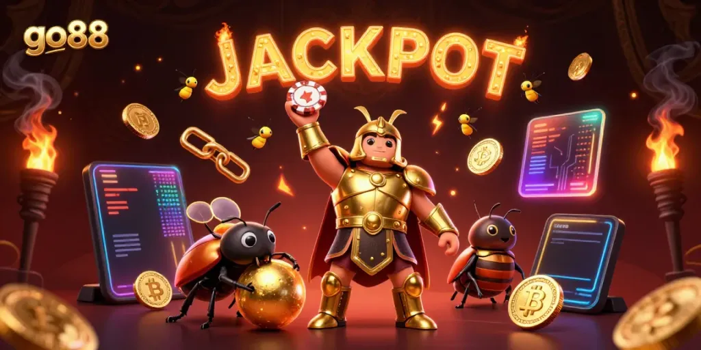 Engage with go88 as a hercules beetle triumphantly lifts a poker chip amidst glittering casino elements.