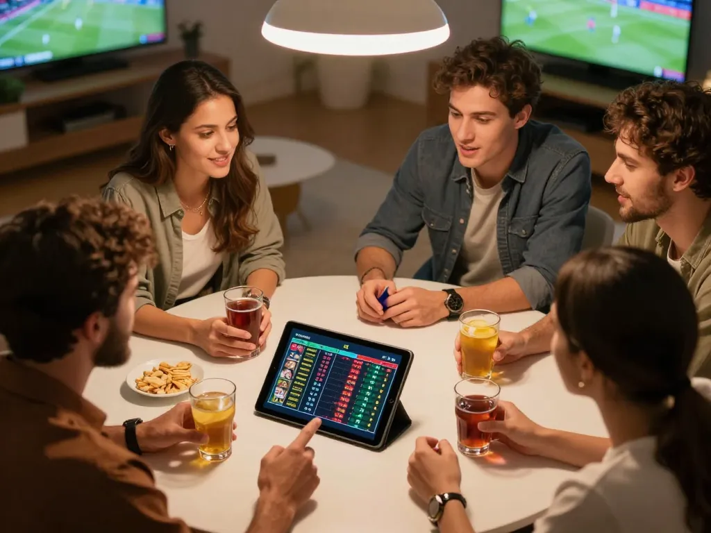 MM88 players actively discussing betting strategies at a sports betting table, showcasing excitement and camaraderie
