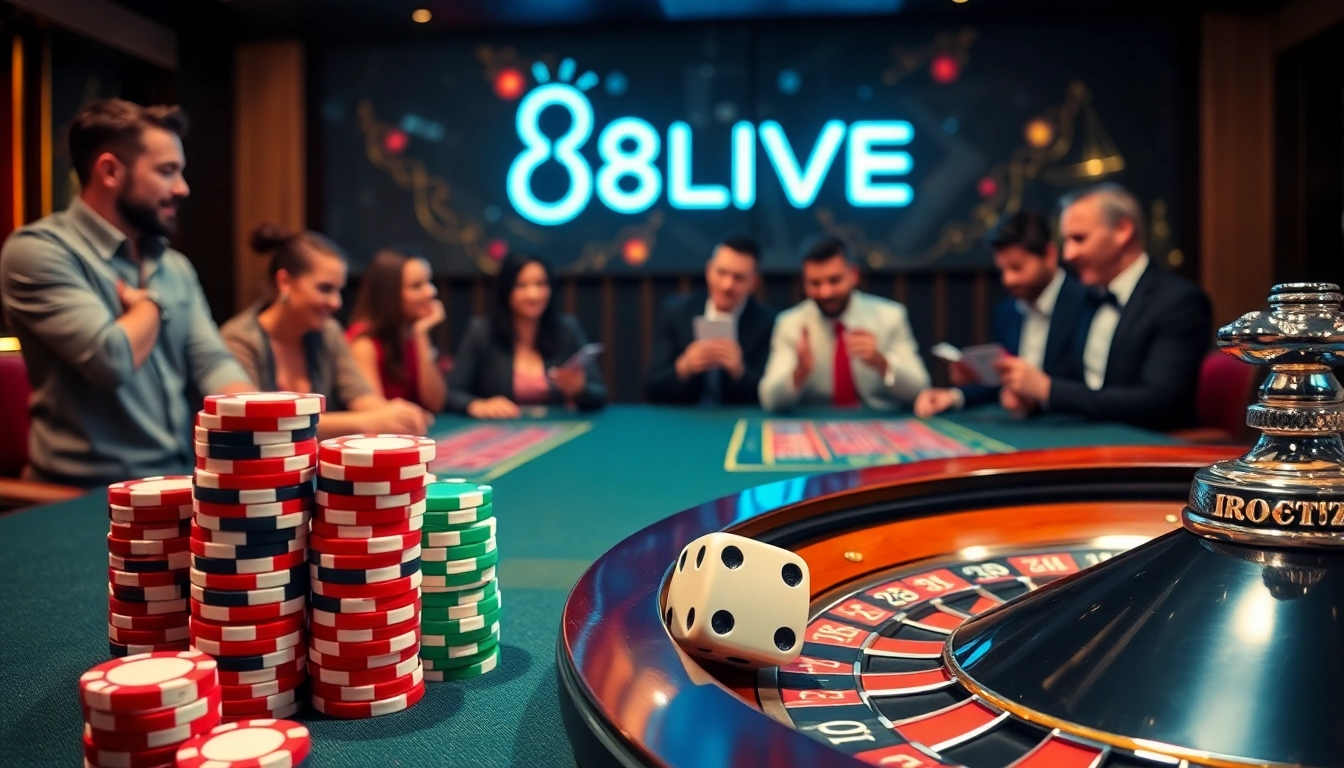 Exciting casino action at 8LIVE with poker chips and a roulette wheel.
