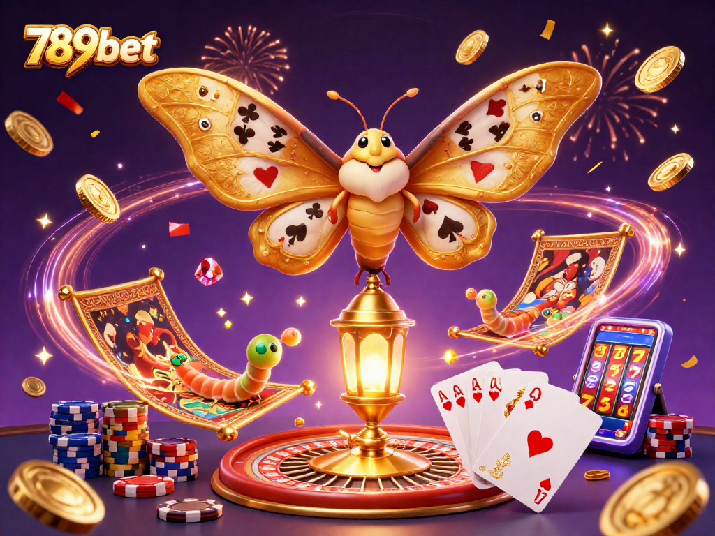 Win big with 789bet in this vibrant casino scene featuring an atlas moth and sparkling casino elements.