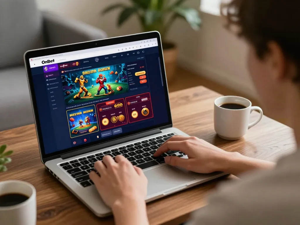Player enjoying an online gaming session on OnBet with engaging casino games displayed on the laptop screen.