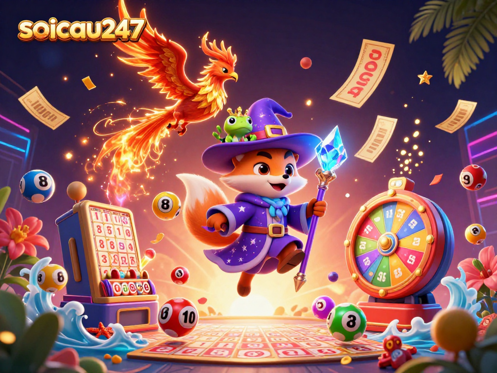 Spark winning strategies with soicau247’s vibrant lottery-themed 3D illustration, featuring dynamic characters and elements.
