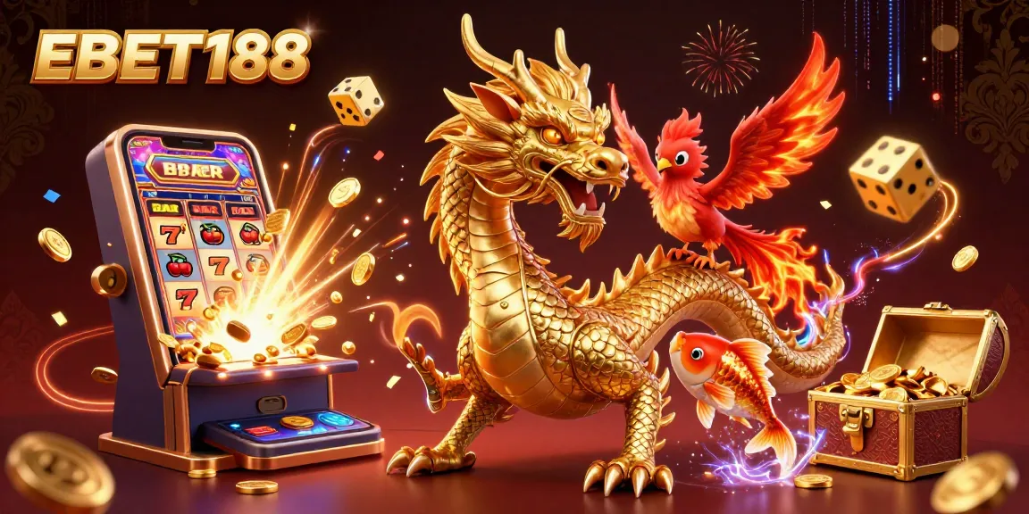 Experience the thrill of winning at EBET188 with dragons, phoenixes, and vibrant casino elements.