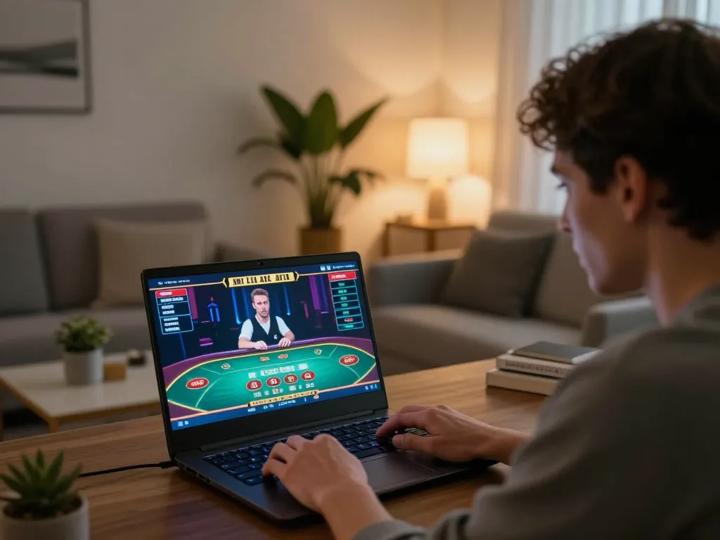 Cwin player engaged in online casino with live dealer, showcasing focus and strategy in a cozy home environment.