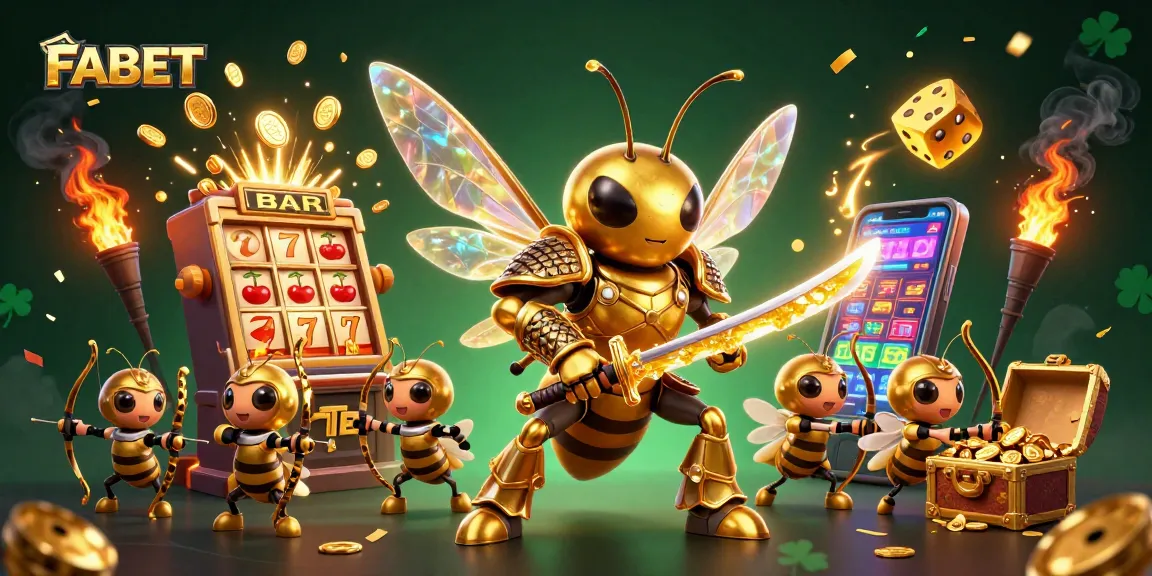 Experience FABET's jackpot excitement with vibrant 3D visuals of a golden hornet and slot machine.
