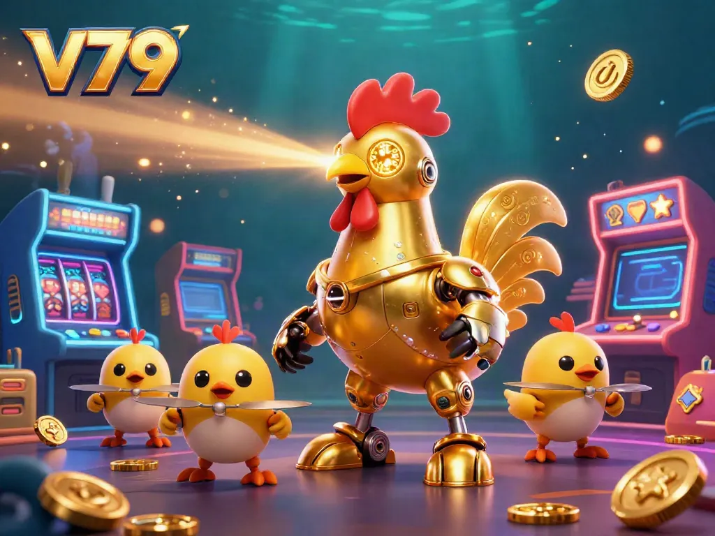 Experience vibrant v79 casino adventure with golden rooster robot and baby chick drones.