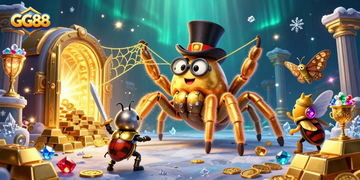 GG88's vibrant casino scene showcases a golden tarantula and brave beetle knight amidst treasures.