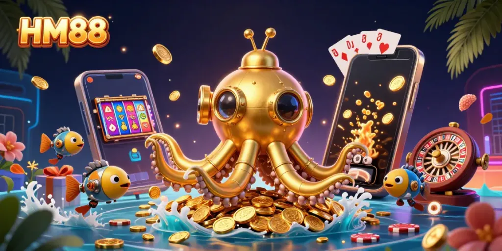 Enjoy exciting gaming moments at HM88, featuring a whimsical kraken, vibrant slot games, and gold coins.