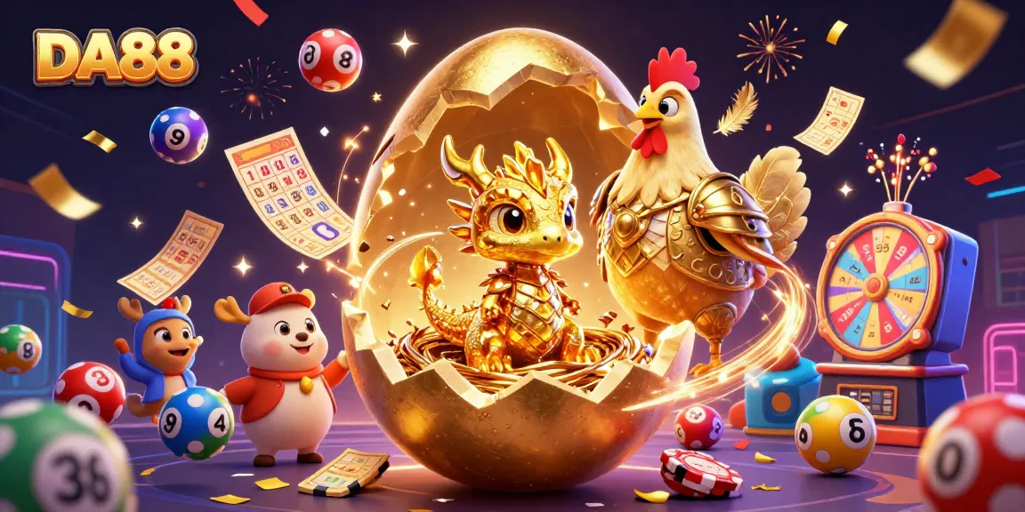 Experience thrilling moments with DA88's vibrant casino-themed illustration showcasing golden treasures.