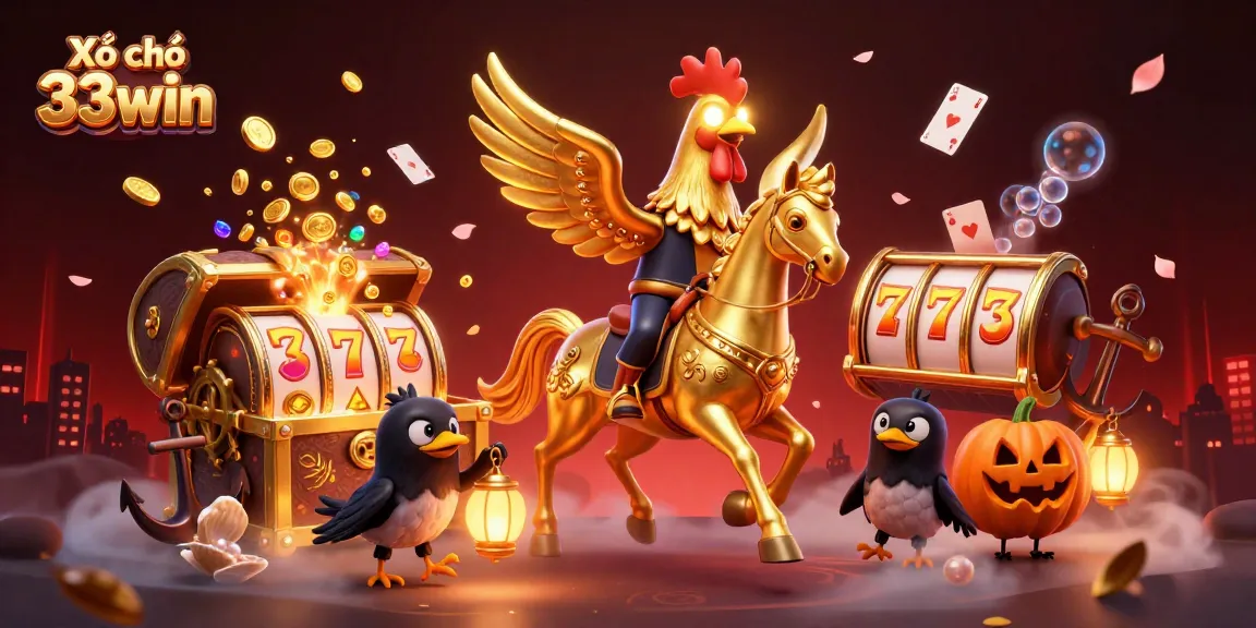 Engage with Xổ số 33win as captivating golden rooster rides through a thrilling midnight casino scene.