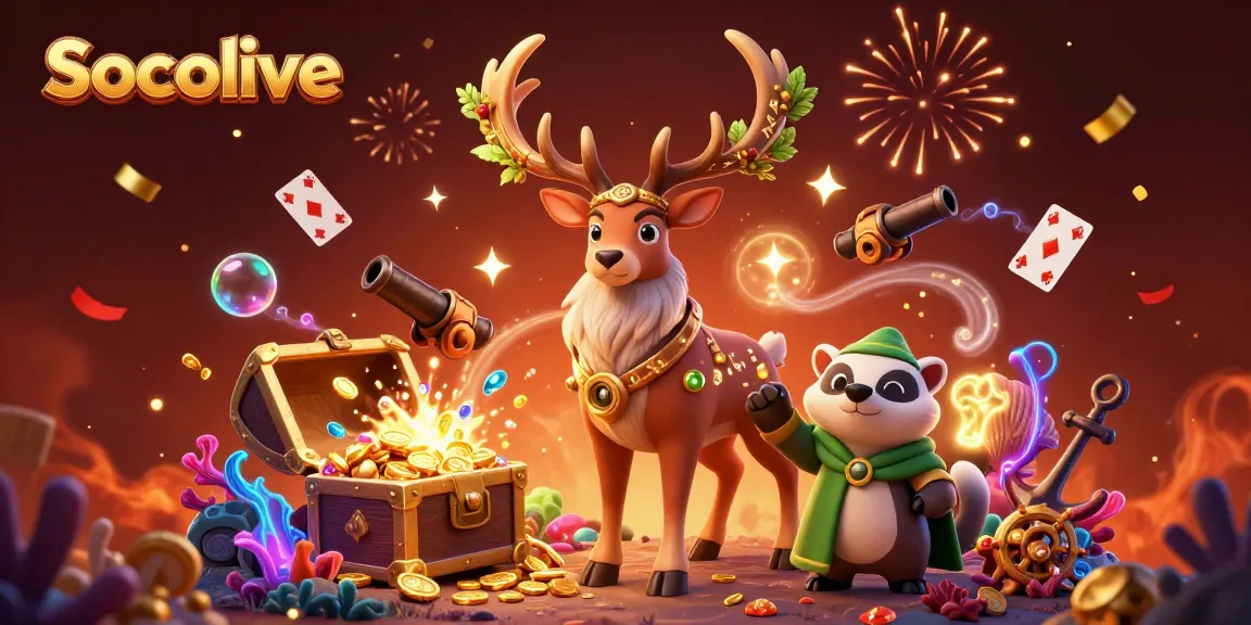 Socolive brings exciting gambling visuals with cartoon druid and badger amidst vibrant treasure and gaming elements.