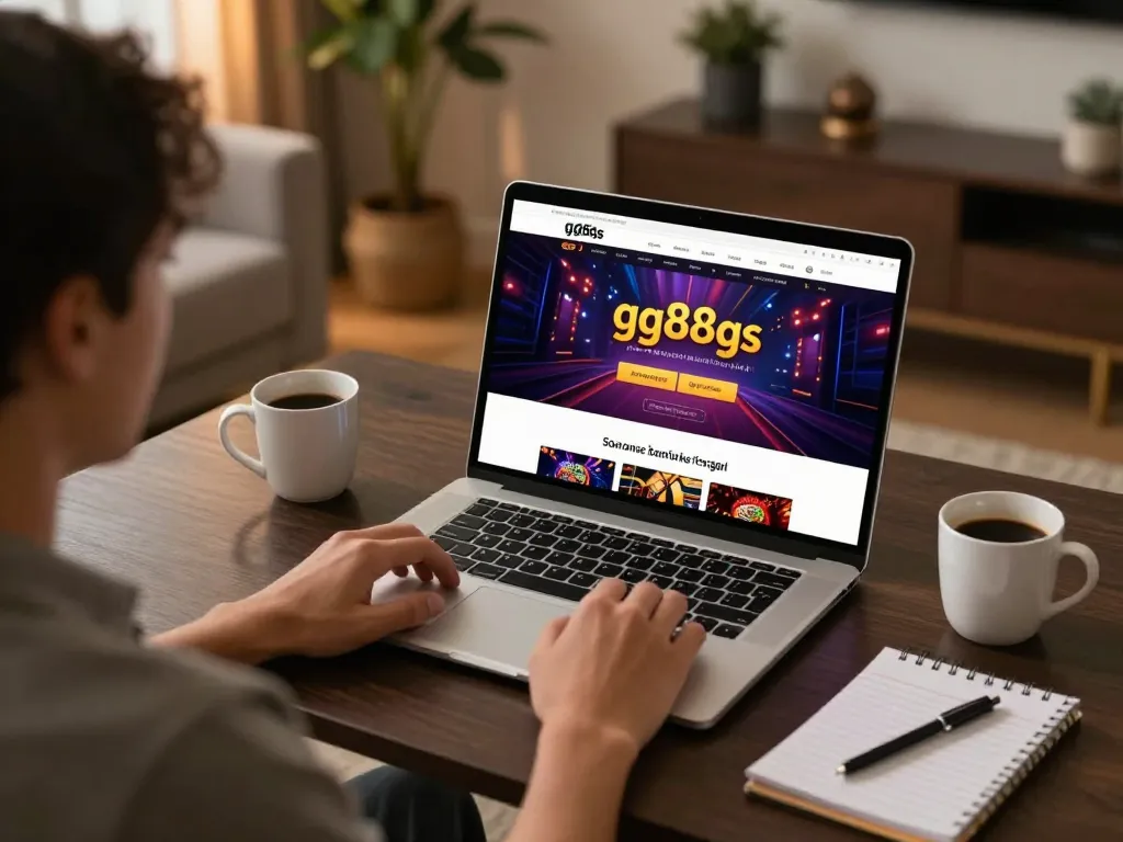 Engaging in online gaming at home with gg88gs website displayed, showcasing poker interface and cozy setup
