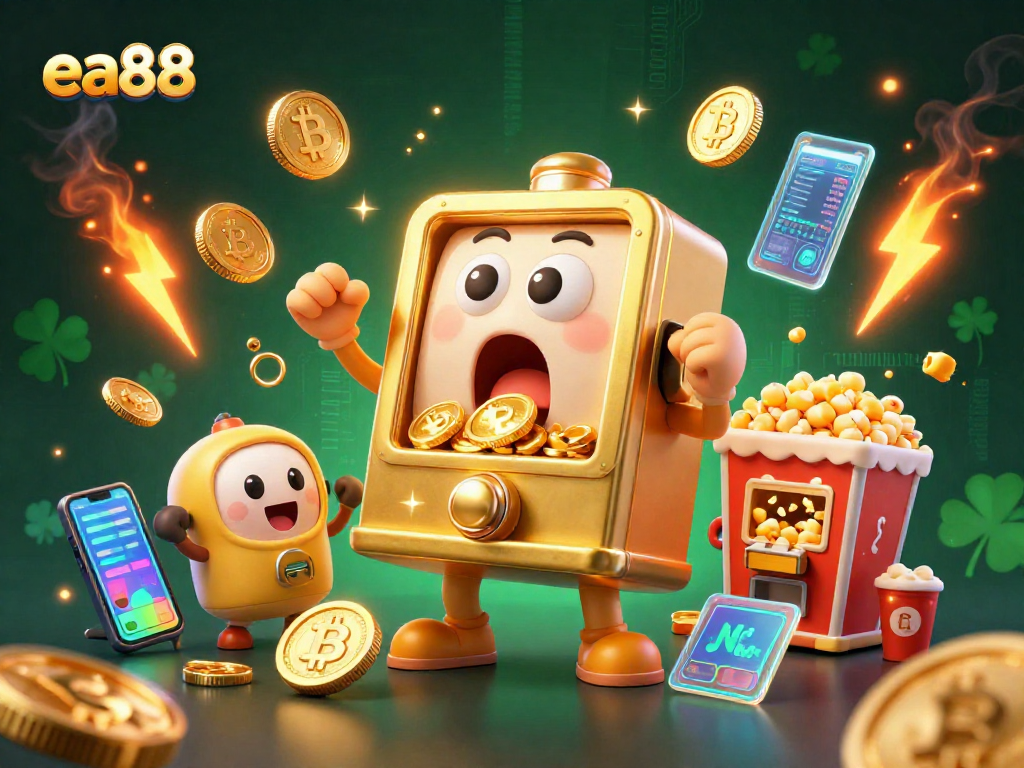 ea88 slot machine jackpot scene with Bitcoin and Ethereum coins and vibrant casino elements.