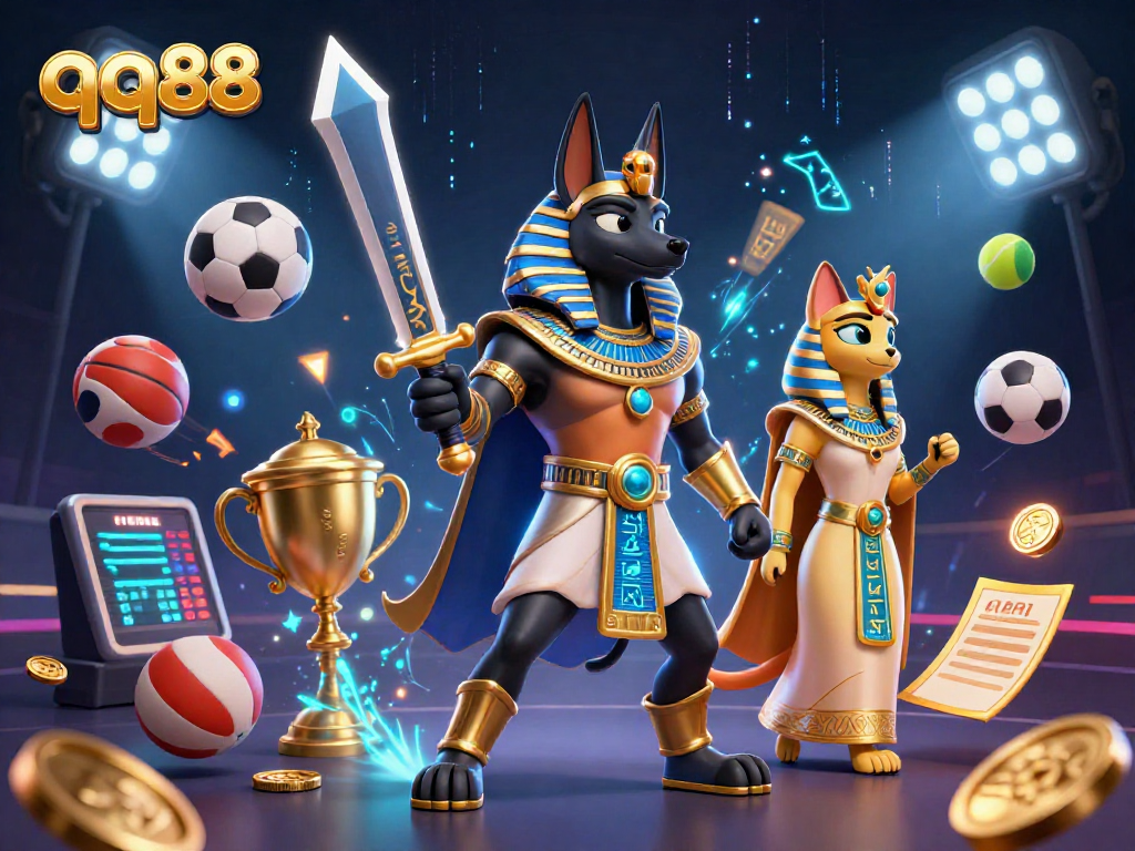 Bet on exciting sports with qq88 featuring a dynamic scene of Anubis and Bastet in a vibrant casino.