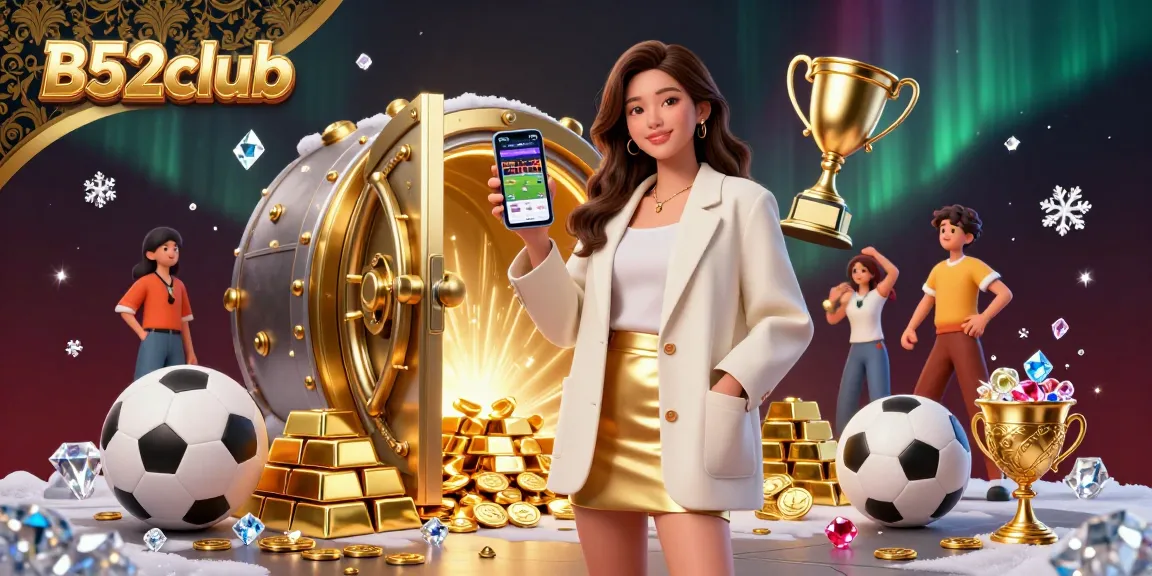 Betting on B52club with a photorealistic woman showcasing a sports betting app amidst luxury treasures.